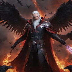 Swain from League of Legends, with his bright white hair and a mystical staff, amid a swarm of ravens, is enveloped in darkness. His radiant red wings spread wide within a surrounding inferno, casting luminous red arcane magic over a shadowy battlefield.