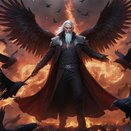 Swain from League of Legends, with his bright white hair and a mystical staff, amid a swarm of ravens, is enveloped in darkness. His radiant red wings spread wide within a surrounding inferno, casting luminous red arcane magic over a shadowy battlefield.