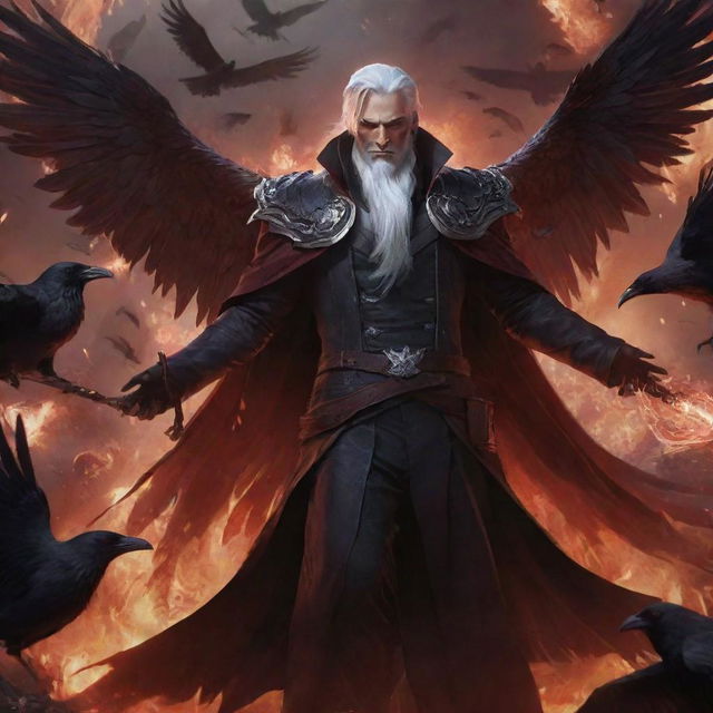 Swain from League of Legends, with his bright white hair and a mystical staff, amid a swarm of ravens, is enveloped in darkness. His radiant red wings spread wide within a surrounding inferno, casting luminous red arcane magic over a shadowy battlefield.