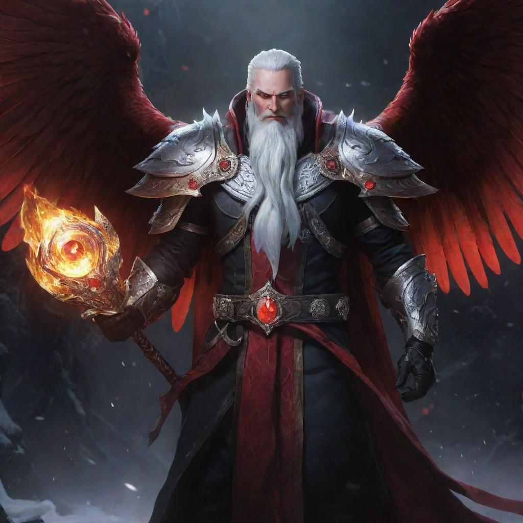 Swain from League of Legends, his hair now snowy white, holds a jeweled staff in one hand and a devilishly ornate clawed gauntlet in the other. Against a backdrop of darkness, his fiery red wings, vibrant magic, and swirling ravens create a striking contrast.