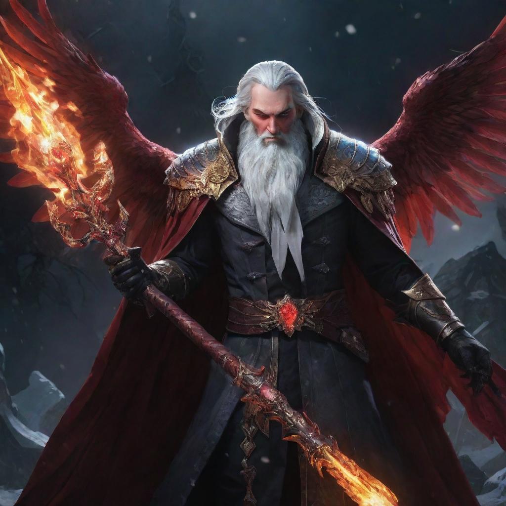 Swain from League of Legends, his hair now snowy white, holds a jeweled staff in one hand and a devilishly ornate clawed gauntlet in the other. Against a backdrop of darkness, his fiery red wings, vibrant magic, and swirling ravens create a striking contrast.