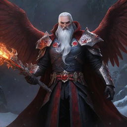 Swain from League of Legends, his hair now snowy white, holds a jeweled staff in one hand and a devilishly ornate clawed gauntlet in the other. Against a backdrop of darkness, his fiery red wings, vibrant magic, and swirling ravens create a striking contrast.