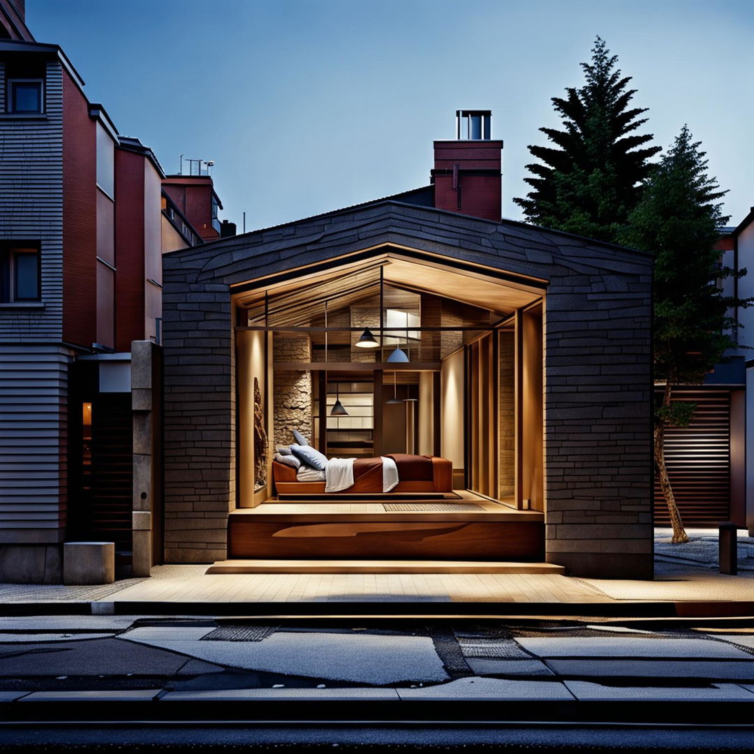 An ultra-realistic HD street photography by Simon Devitt featuring a minimalist modern architectural cabin with a flat roof, made from stone and timber, nestled in a streetscape under the evening light.