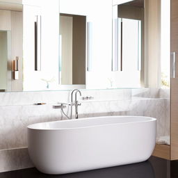 A modern, well-lit bathroom with shining fixtures, a glossy white bathtub, floating vanity sink, and a large mirror reflecting a tidy, welcoming ambiance.