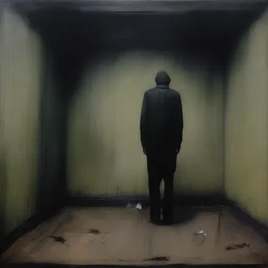 The artist's dark, mirthless paintings depicted the melancholic aspects of everyday life, evoking a sense of existential despair.