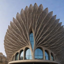 An intricate building shaped like a feather, displaying stunning architectural design.