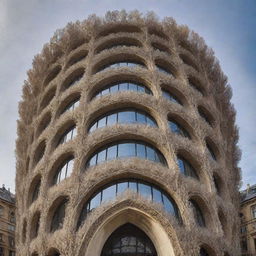 An intricate building shaped like a feather, displaying stunning architectural design.