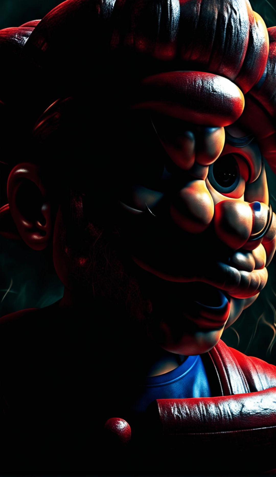 Ultra-fine close-up photograph of Super Mario by Mario Testino in grimdark composition.