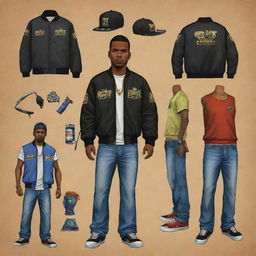 Design a clothing brand inspired by the video game GTA San Andreas, featuring characters, scenes, and symbols