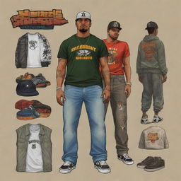 Design a clothing brand inspired by the video game GTA San Andreas, featuring characters, scenes, and symbols