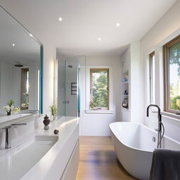 A modern, well-lit bathroom with shining fixtures, a glossy white bathtub, floating vanity sink, and a large mirror reflecting a tidy, welcoming ambiance.