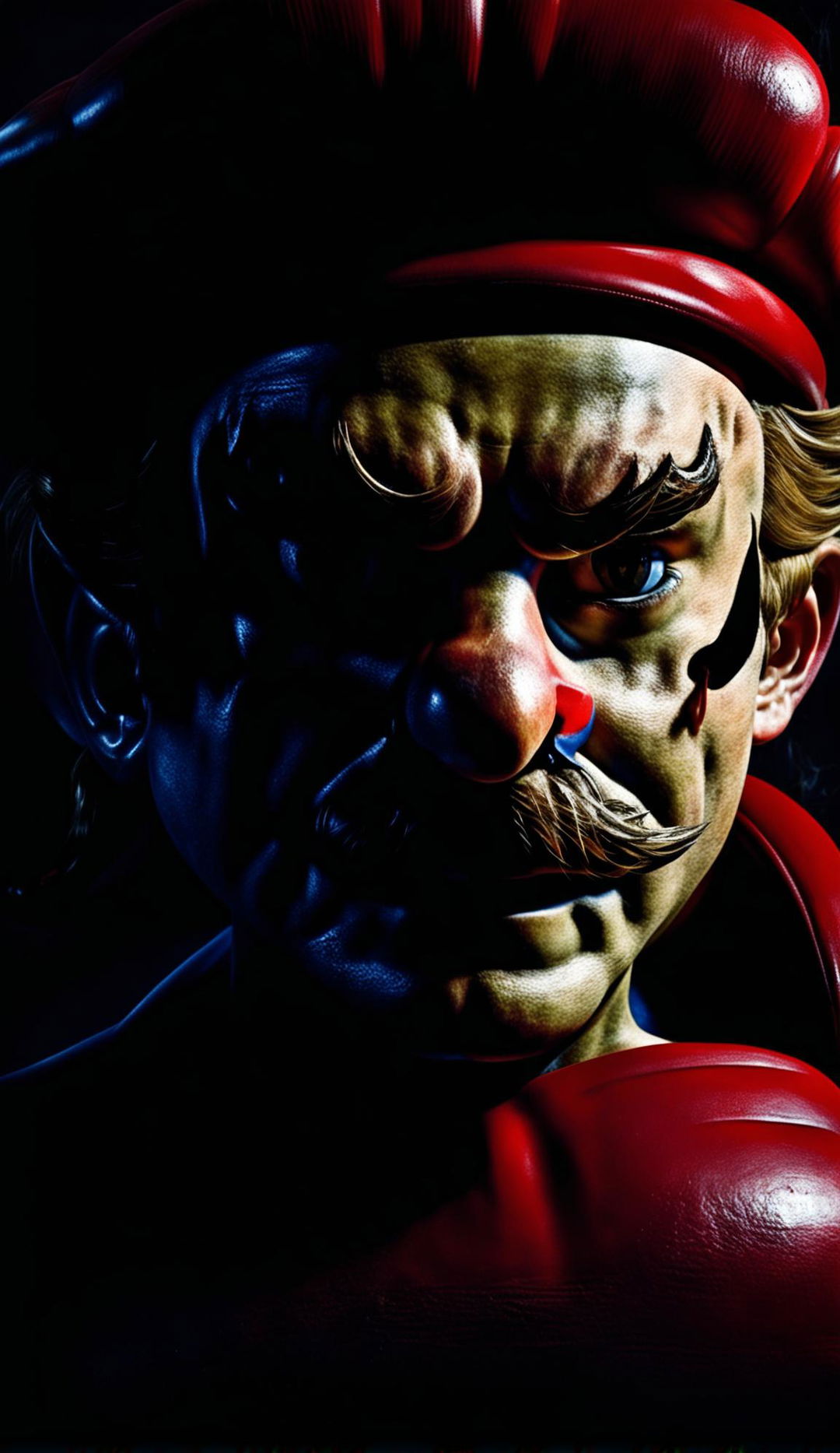 Anatomically correct close-up photograph of Super Mario by Mario Testino in grimdark composition.