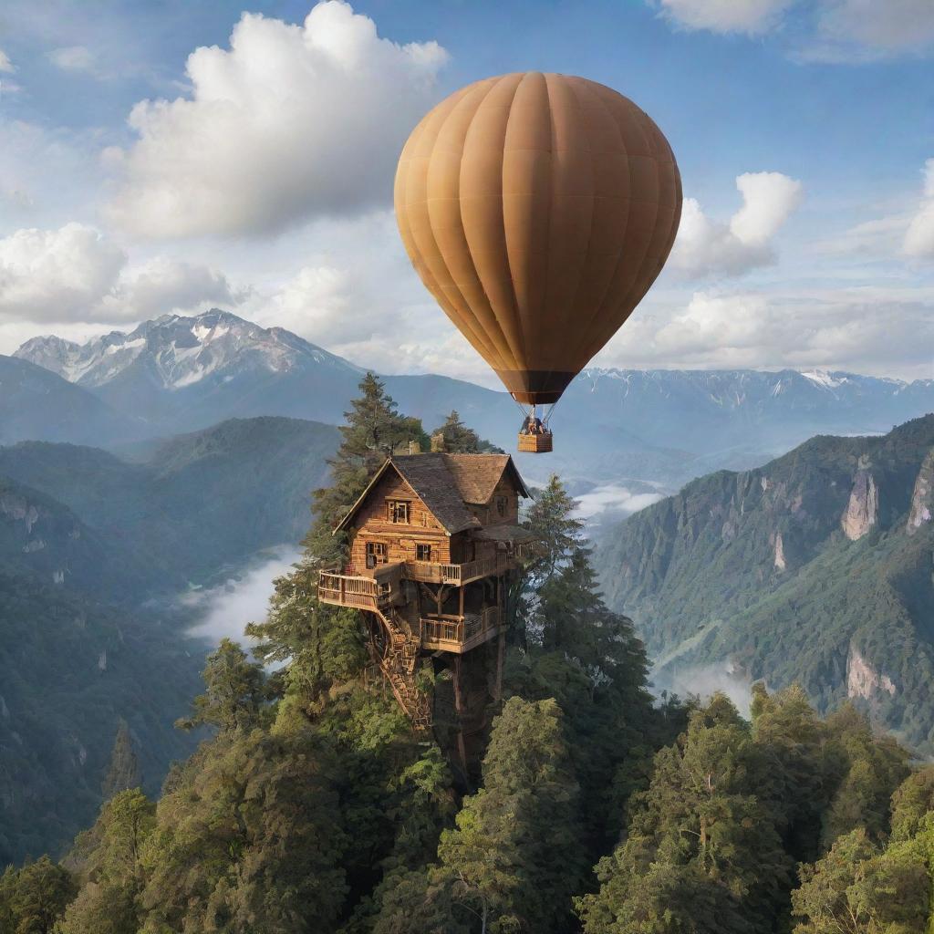 A high tree house set amid towering trees with a backdrop of mountains and thin clouds. Adjacent is a floating hot air balloon.