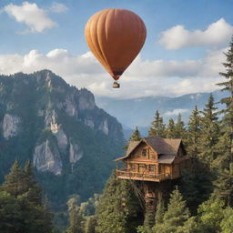 A high tree house set amid towering trees with a backdrop of mountains and thin clouds. Adjacent is a floating hot air balloon.