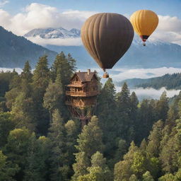 A high tree house set amid towering trees with a backdrop of mountains and thin clouds. Adjacent is a floating hot air balloon.