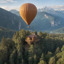 A high tree house set amid towering trees with a backdrop of mountains and thin clouds. Adjacent is a floating hot air balloon.