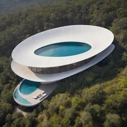 An architectural masterpiece shaped like a feather blending seamlessly with the surrounding environment.