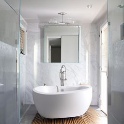 A modern, well-lit bathroom with shining fixtures, a glossy white bathtub, floating vanity sink, and a large mirror reflecting a tidy, welcoming ambiance.