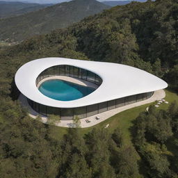 An architectural masterpiece shaped like a feather blending seamlessly with the surrounding environment.