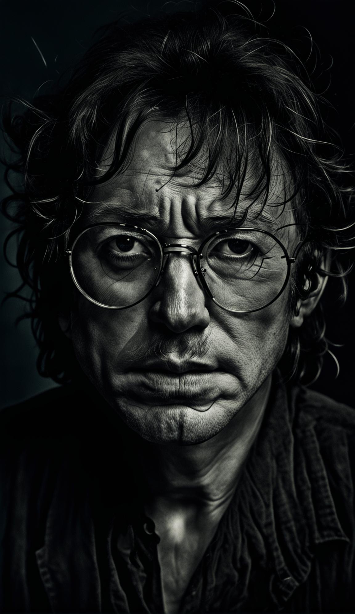 Ultra-fine close-up photograph of John Lennon by Mario Testino in grimdark composition.