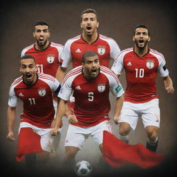 Design a vibrant display poster celebrating the victory of the Egyptian national football team, showcasing images of Trezeguet, Mostafa Mohamed, Omar Marmoush, and Emam Ashour. Ensure there is a designated space to add a logo.