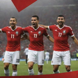 Design a vibrant display poster celebrating the victory of the Egyptian national football team, showcasing images of Trezeguet, Mostafa Mohamed, Omar Marmoush, and Emam Ashour. Ensure there is a designated space to add a logo.