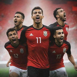 Design a vibrant display poster celebrating the victory of the Egyptian national football team, showcasing images of Trezeguet, Mostafa Mohamed, Omar Marmoush, and Emam Ashour. Ensure there is a designated space to add a logo.