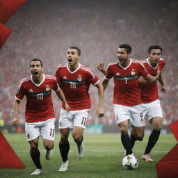 Design a vibrant display poster celebrating the victory of the Egyptian national football team, showcasing images of Trezeguet, Mostafa Mohamed, Omar Marmoush, and Emam Ashour. Ensure there is a designated space to add a logo.