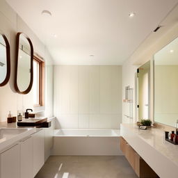 A modern, well-lit bathroom with shining fixtures, a glossy white bathtub, floating vanity sink, and a large mirror reflecting a tidy, welcoming ambiance.