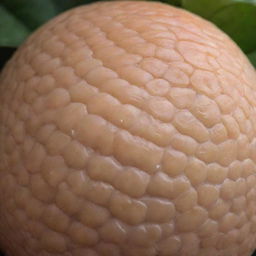 A close-up image of the textured skin of a Bali pomelo, hollowed and without its insides, showcasing its intricate detailing and unique color.