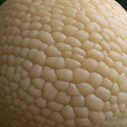 A close-up image of the textured skin of a Bali pomelo, hollowed and without its insides, showcasing its intricate detailing and unique color.