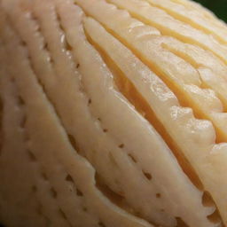 A close-up image of the textured skin of a Bali pomelo, hollowed and without its insides, showcasing its intricate detailing and unique color.