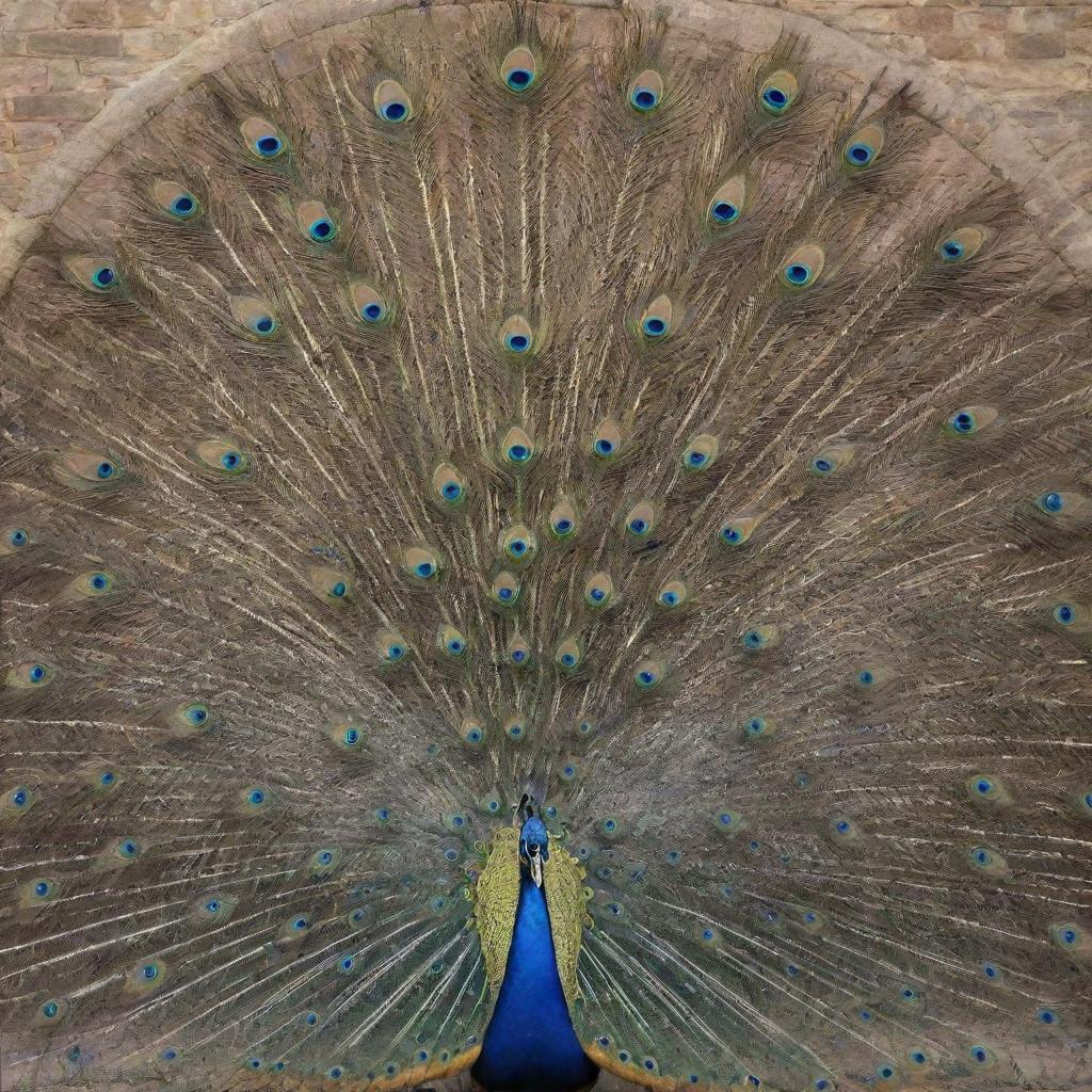 A magnificent building encapsulating the essence of a peacock with a glorious spread tail as architecture