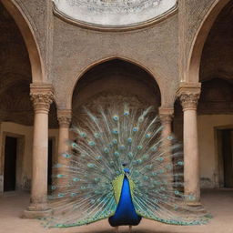 A magnificent building encapsulating the essence of a peacock with a glorious spread tail as architecture