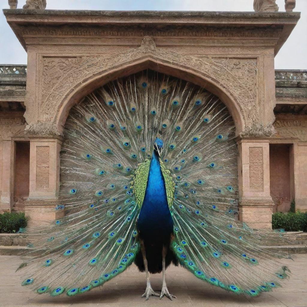 A magnificent building encapsulating the essence of a peacock with a glorious spread tail as architecture