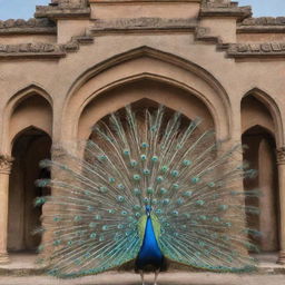 A magnificent building encapsulating the essence of a peacock with a glorious spread tail as architecture