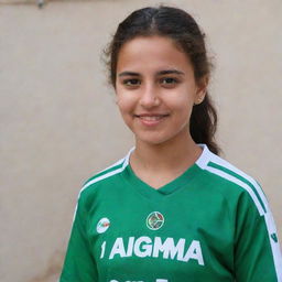 A girl proudly wearing an Algerian team jersey with the name 'Roumaissa' and the number 17 emblazoned on the back.