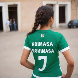 A girl proudly wearing an Algerian team jersey with the name 'Roumaissa' and the number 17 emblazoned on the back.