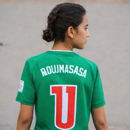 A girl proudly wearing an Algerian team jersey with the name 'Roumaissa' and the number 17 emblazoned on the back.