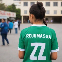 A girl proudly wearing an Algerian team jersey with the name 'Roumaissa' and the number 17 emblazoned on the back.