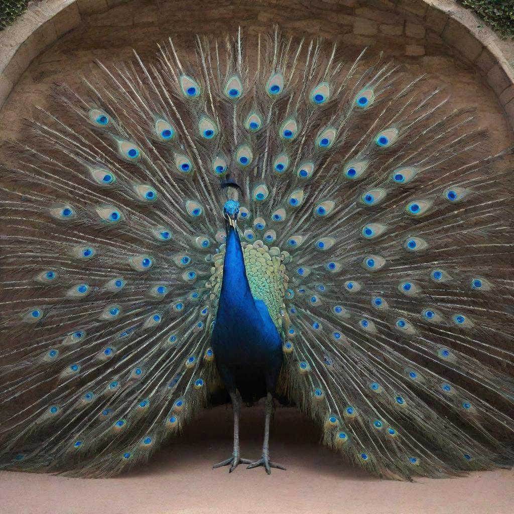 An architectural wonder shaped like a peacock with each feather exhibited through unique design elements.