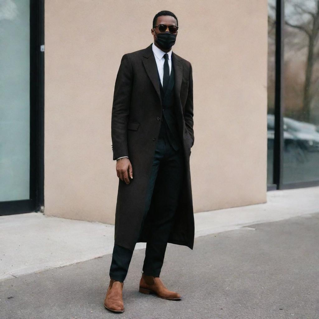 A tall, 6 foot black man elegantly dressed in a white shirt tucked into black jeans, adorned with a black tie and a long black coat. He wears brown Chelsea boots, black sunglasses, and a black face mask.