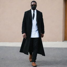 A tall, 6 foot black man elegantly dressed in a white shirt tucked into black jeans, adorned with a black tie and a long black coat. He wears brown Chelsea boots, black sunglasses, and a black face mask.