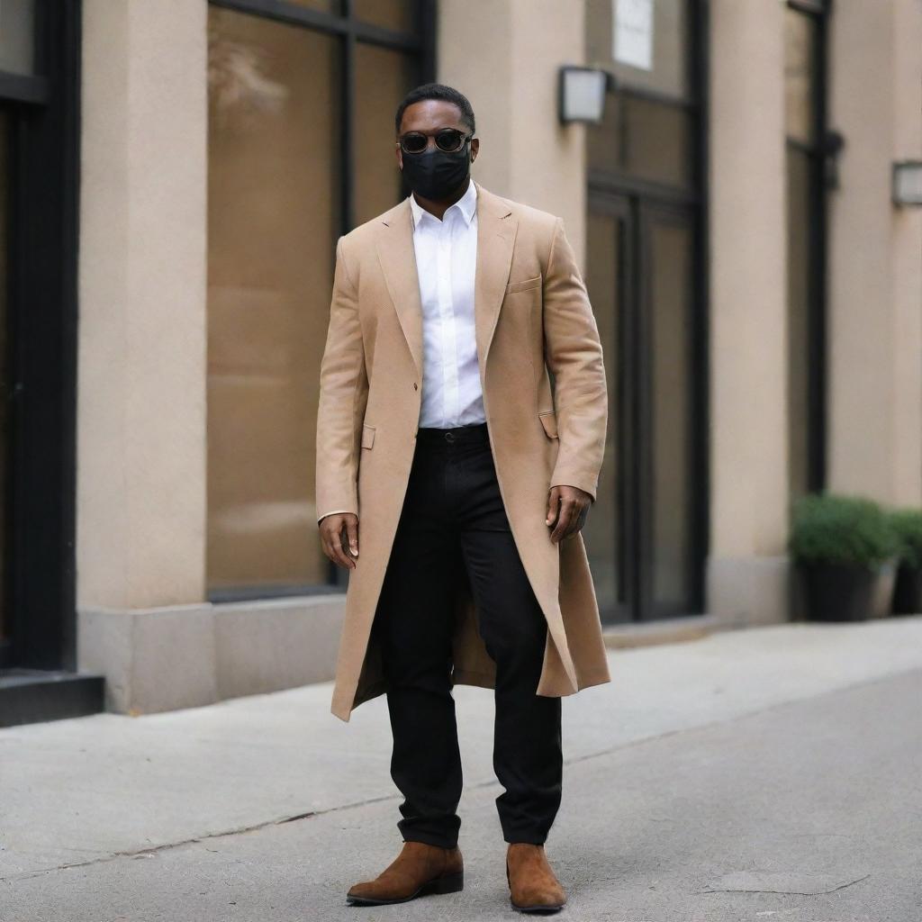 A tall, 6 foot black man elegantly dressed in a white shirt tucked into black jeans, adorned with a black tie and a long black coat. He wears brown Chelsea boots, black sunglasses, and a black face mask.