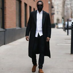 A tall, 6 foot black man elegantly dressed in a white shirt tucked into black jeans, adorned with a black tie and a long black coat. He wears brown Chelsea boots, black sunglasses, and a black face mask.