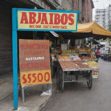A signage indicating 'Bolis for sale at $500 and $1000' in a vibrant, festive, and very eye-catching design, befitting a street vendor setting.