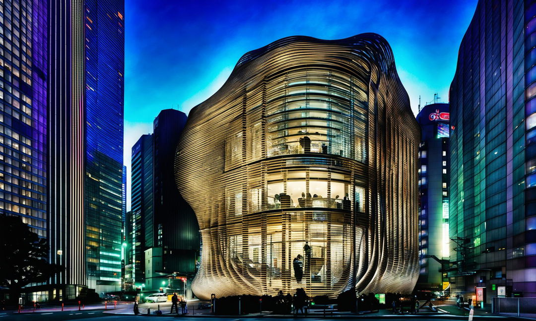 A parametric house inspired by Toyo Ito stands out in a bustling Tokyo streetscape. The photograph captures the contrast between its organic forms and the rigid urban environment at dusk.