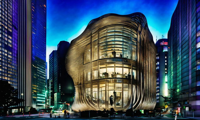 A parametric house inspired by Toyo Ito stands out in a bustling Tokyo streetscape. The photograph captures the contrast between its organic forms and the rigid urban environment at dusk.