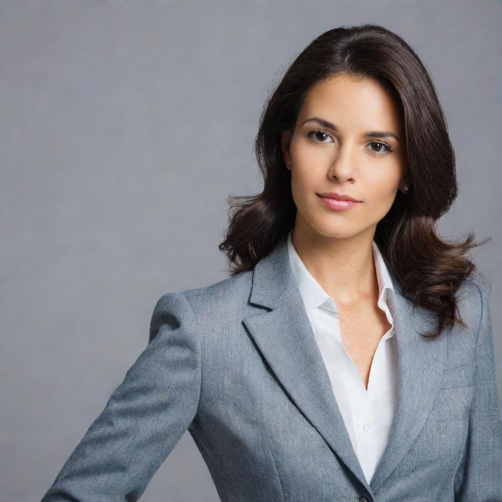 A sophisticated woman dressed in a business suit, poised in a confident manner.