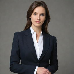 A sophisticated woman dressed in a business suit, poised in a confident manner.